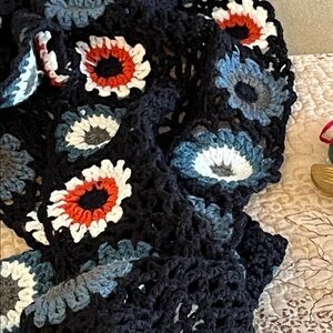 Prana Black and Blue Granny Square Crochet Scarf